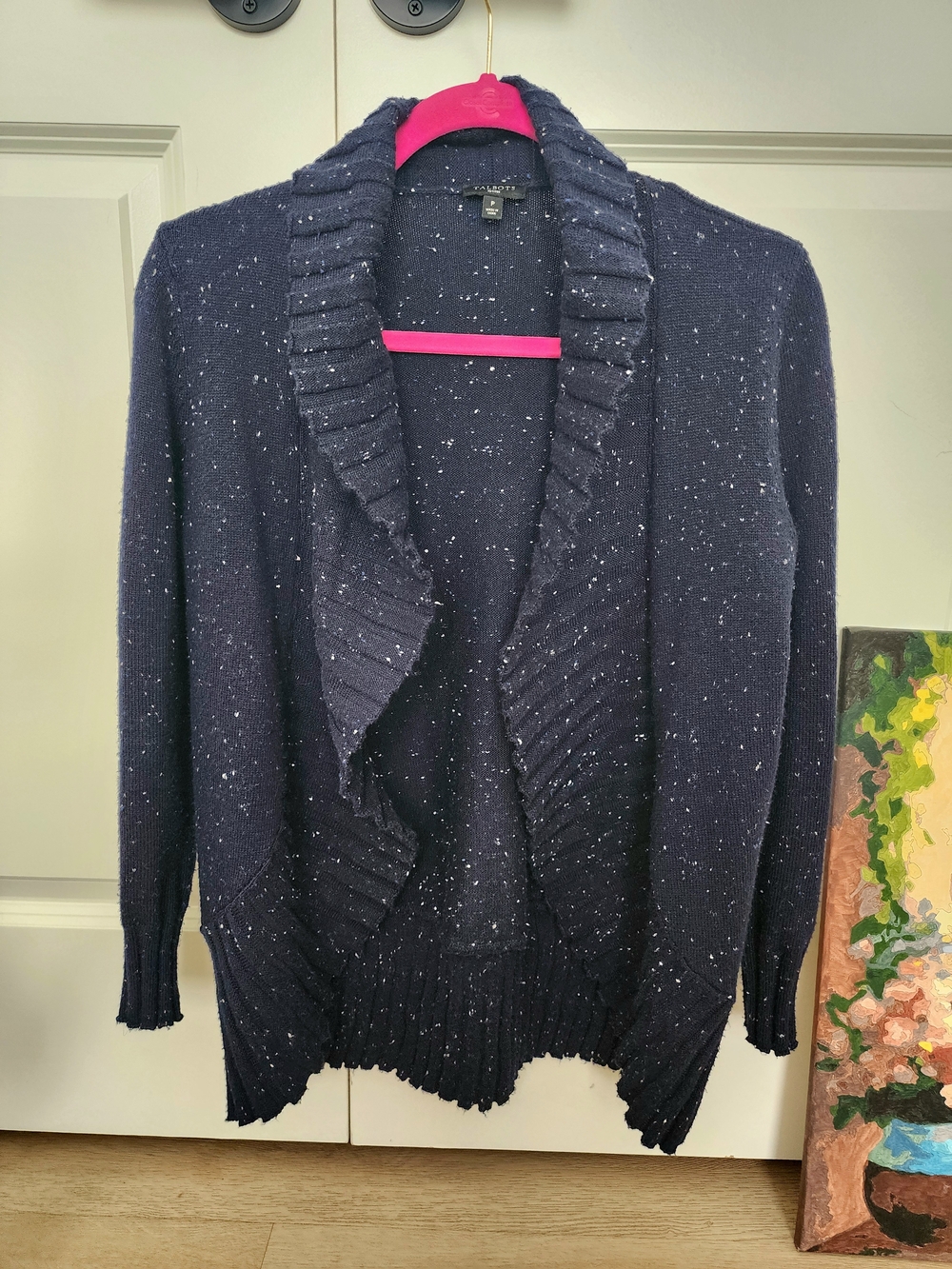 Talbots Petite Open Cardigan Navy Speckled Knit P
